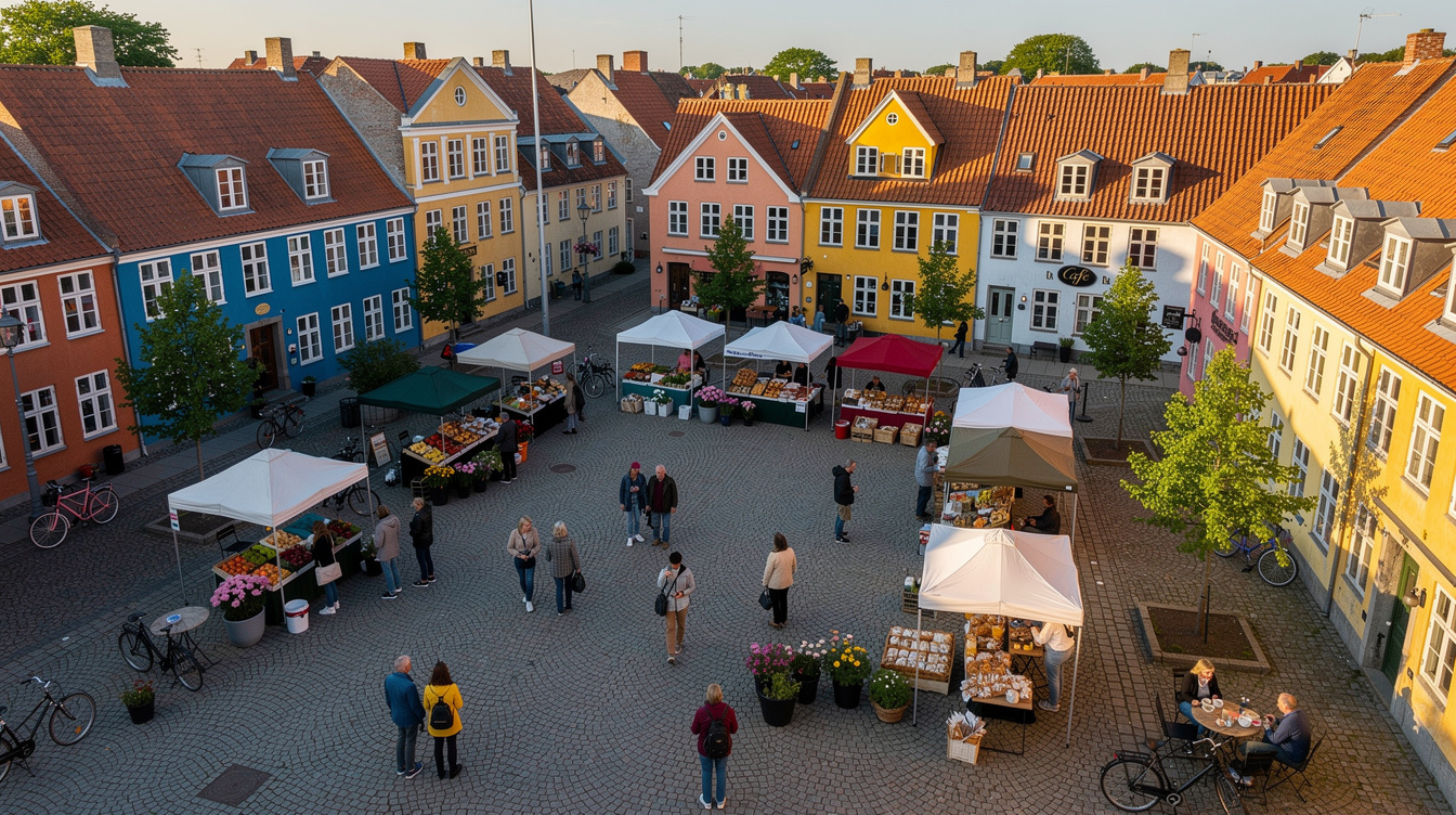 Aerial view of a colorful Danish town square with market stalls