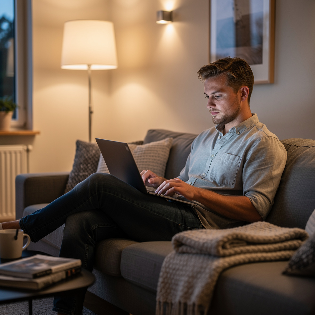 Young Danish man reading community stories on a laptop at home